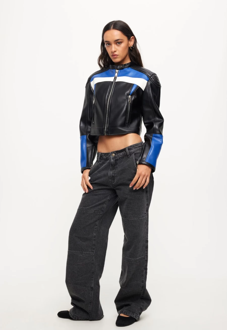 Lioness Women's Black and Blue Nueve Biker Jacket - Stylish Motorcycle Jacket for Women