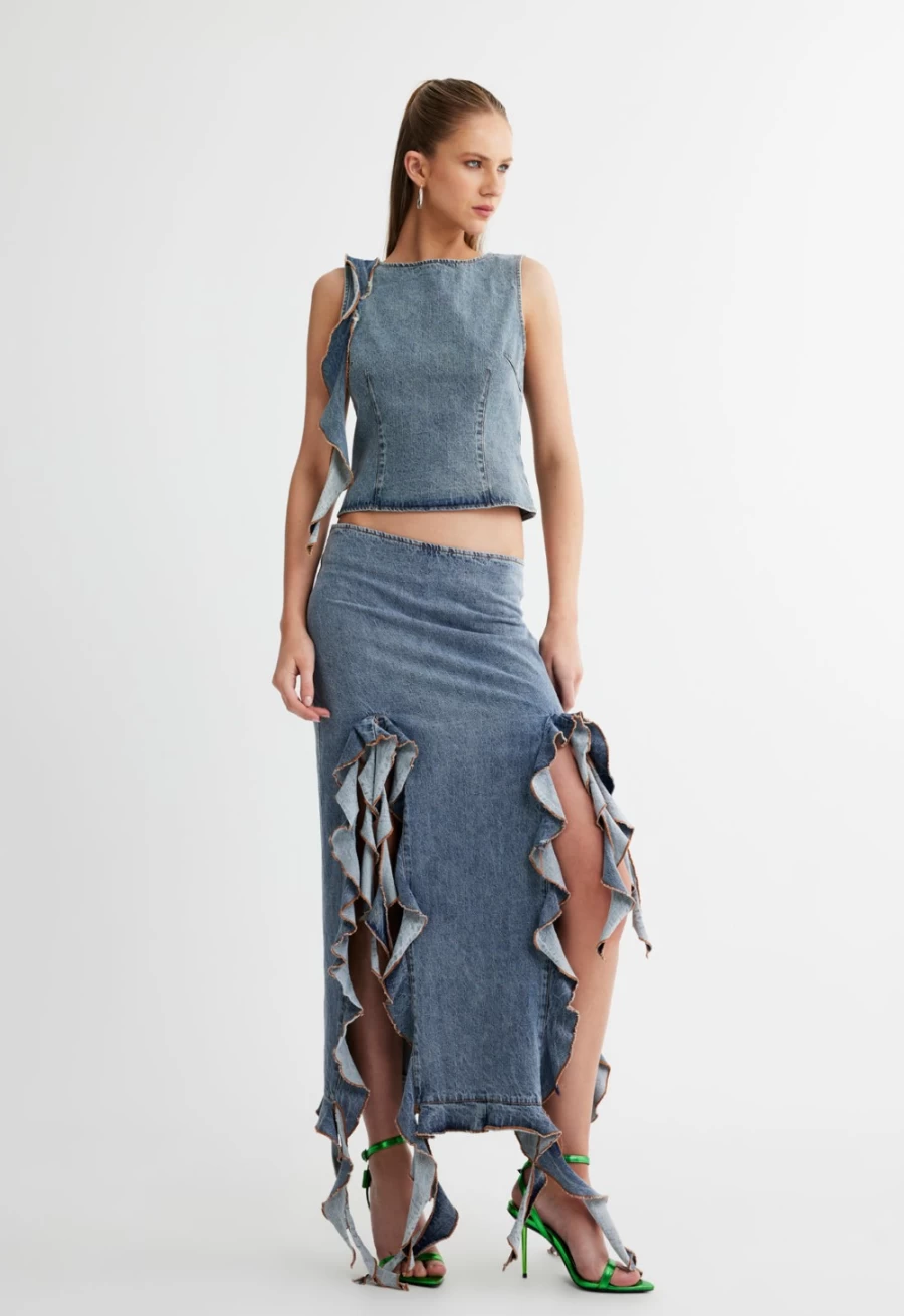 Lioness Women's Faded Denim Rendezvous Top - Stylish Casual Blouse for Everyday Wear